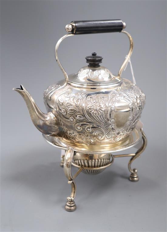 A late Victorian silver kettle on stand, Plante & Co Ltd, Birmingham 1898, total approx 24.65oz